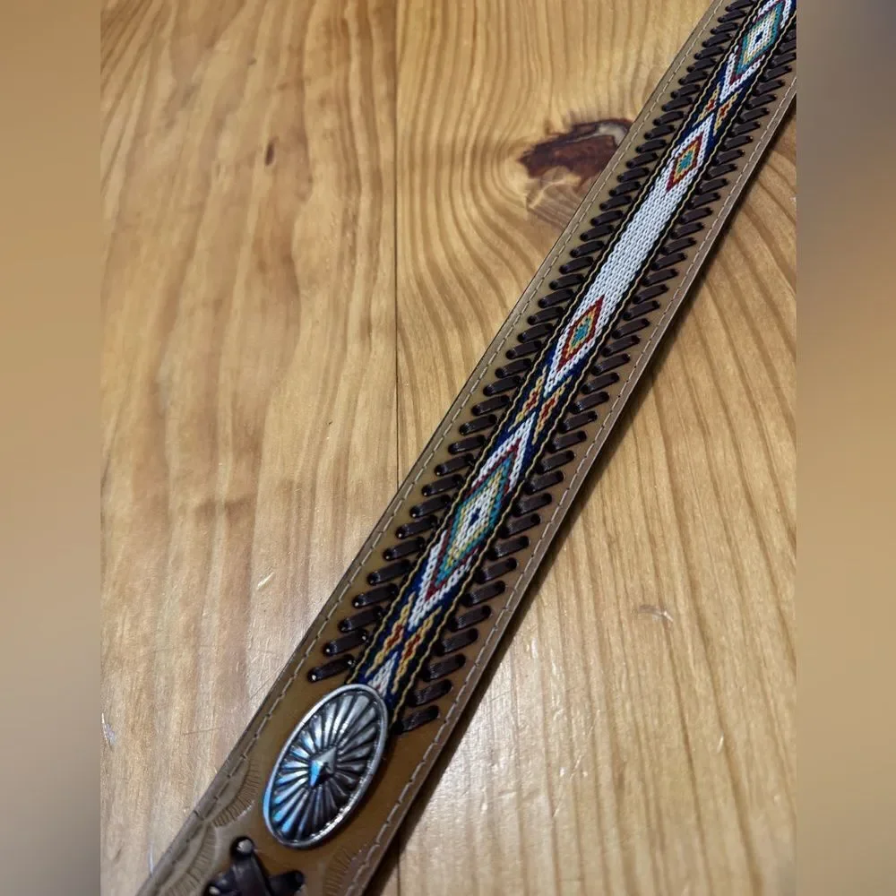 American Indian Belt With Conches Leather Embroidered 47” Total Length